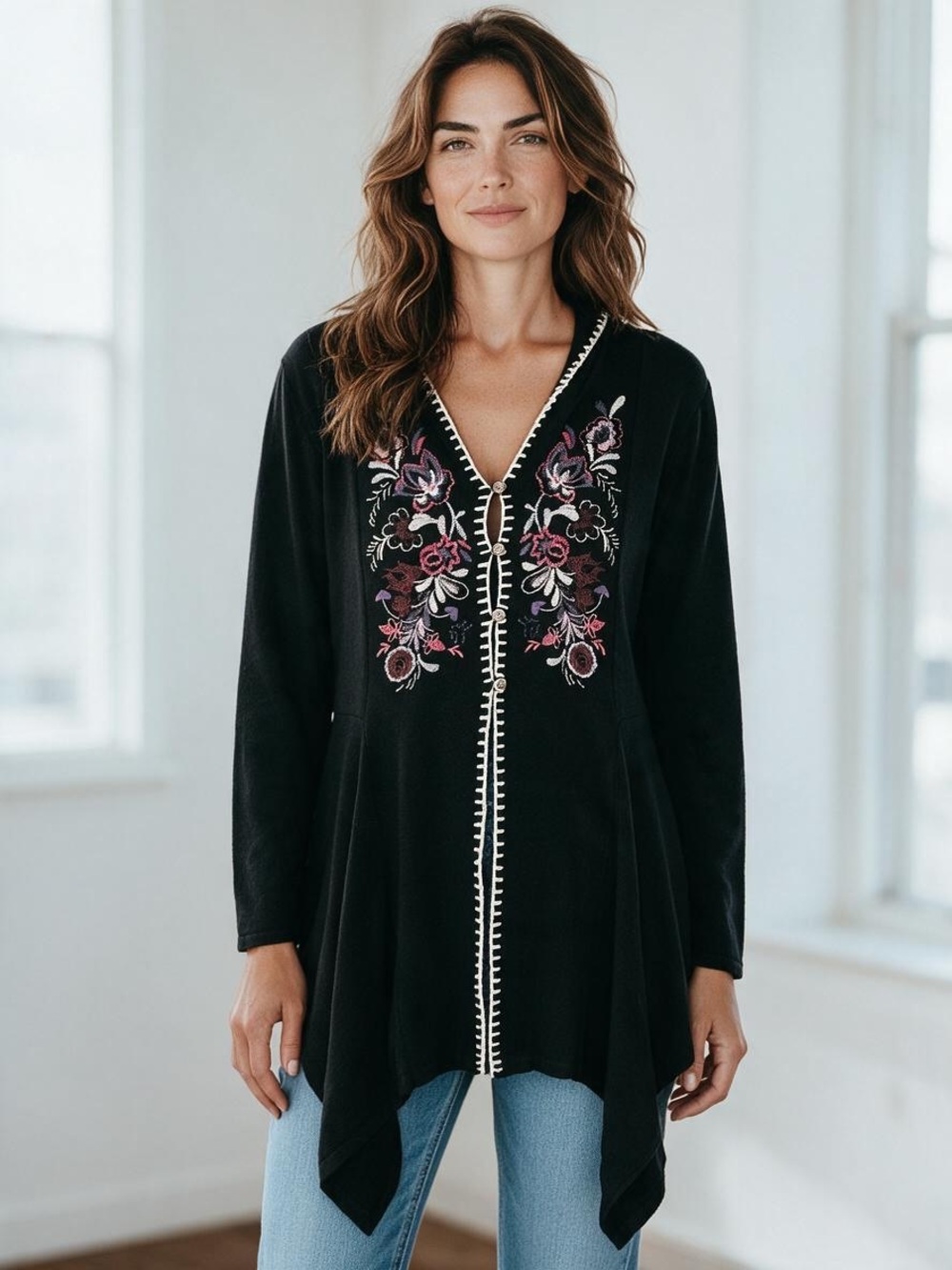 Christopher & Banks Black Embroidered V-Neck Cardigan with Floral Detail